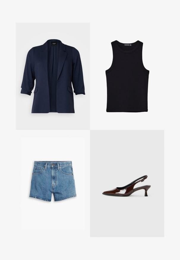 Granatowa marynarka wykonana z teksturowanej tkaniny, z rękawami do trzech kwart, klapami i dwiema przednimi kieszeniami. Otwarty fason.; Czarny top na ramionczkach wykonany z bawełny, z okrągłym dekoltem i szerokimi wycięciami na ramionach. Gładka tekstura z przeszytymi brzegami. Klasyczny, minimalistyczny design.; Jasnoniebieskie szorty dżinsowe z pięcioma kieszeniami, z zamkiem błyskawicznym i zapięciem na guzik. Rant jest postrzępiony, a krój jest luźny.; Brązowe lakierowane skórzane buty na obcasie typu slingback z ostrym noskiem i umiarkowanym obcasem. Posiadają pasek z klamrą dla zapewnienia stabilnego dopasowania. Gładka tekstura.