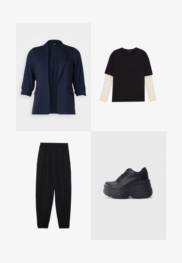 Blazer marine en tissu texturé, avec des manches trois-quarts, des revers crantés et deux poches avant. Design à l'avant ouvert.; T-shirt noir en coton, avec des manches courtes sur une couche à manches longues blanche avec un motif texturé subtil. Col rond.; Pantalons noirs légers avec une taille élastique et des chevilles froncées. Le tissu est lisse et présente un design décontracté et fuselé.; Baskets noires à lacets avec une semelle épaisse, présentant un dessus en cuir lisse, un bout arrondi et un design de plateforme en couches distinct.