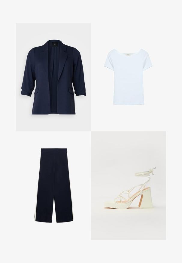 Blazer marine en tissu texturé, avec des manches trois-quarts, des revers crantés et deux poches avant. Design à l'avant ouvert.; T-shirt blanc en tissu ribbé, avec un large col en scoop et des manches courtes. Design simple sans motifs ni accents.; Pantalon large bleu marine avec taille haute et rayures blanches sur les côtés, posé à plat sur un fond blanc.; Sandale blanche à talons hauts avec un talon épais, présentant un design à lanières et un lien autour de la cheville. Texture lisse avec une plateforme à l'avant pour une hauteur supplémentaire.
