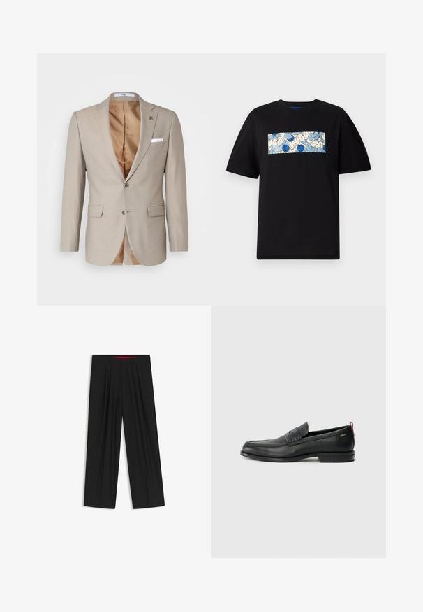 Kigili DANNY - Chaqueta de traje - mid beige; Camiseta de algodón negra con un gráfico rectangular en azul y crema, con patrones circulares y garabatos, diseñada para un ajuste relajado.; Pantalones de pierna ancha negros con parte delantera plana, dos bolsillos laterales, diseño plisado y una cinturilla interior roja en contraste.; Mocasines de cuero negro con un panel frontal texturizado y laterales lisos. Presenta un tacón delgado y un lazo trasero para facilitar su uso. Diseño clásico.