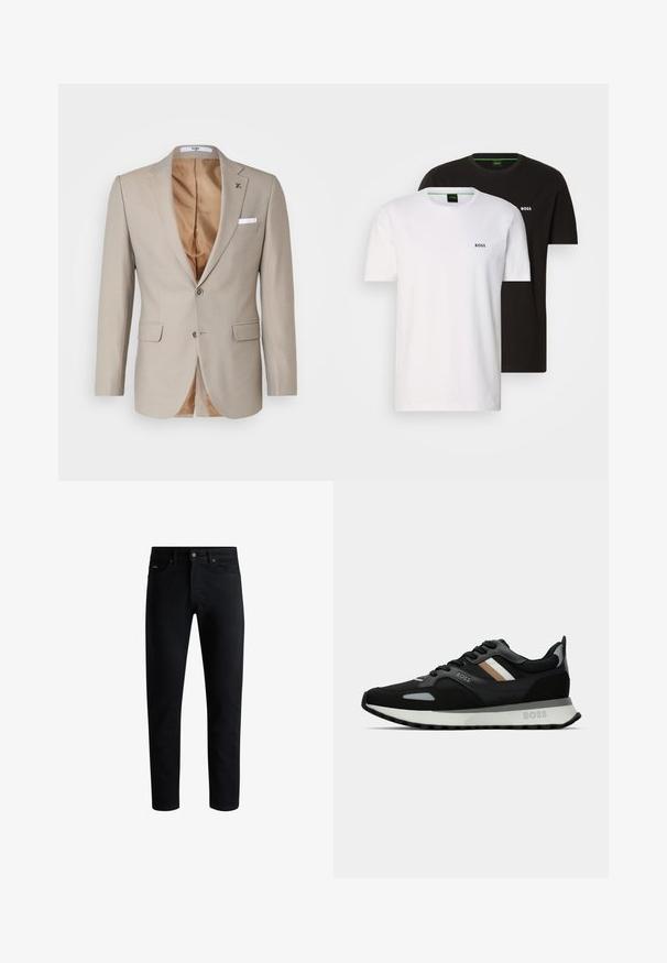 Kigili DANNY beżowy; Dwie bawełniane koszulki t-shirt w kolorze czarnym i białym, z okrągłym dekoltem i małym logo na piersi. Obie mają krótkie rękawy i prosty krój.; Czarne jeansy slim fit z pięcioma kieszeniami, zapięciem na guzik i pętelkami na pasek, wyeksponowane na białym tle.; Czarny but do biegania z teksturowaną powierzchnią, jasnoszarymi akcentami i trzema poziomymi paskami w kolorze brązowym. Posiada białą, amortyzującą podeszwę.