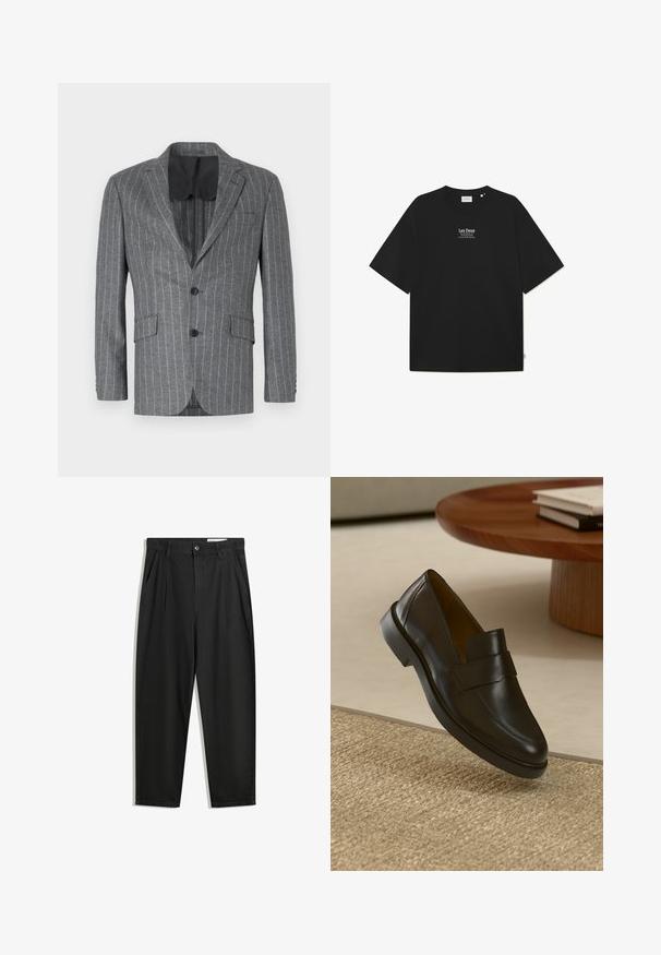 Gray pinstriped blazer with a single black button, two front pockets, and a black interior lining, featuring a notch lapel and tailored fit.; Black cotton t-shirt with loose fit, round neckline, and short sleeves. Features white text logo "Les Deux" in the center. Minimalist design.; Black cotton trousers with a relaxed fit, featuring a classic waistband, front pleats, and side pockets. Smooth texture without patterns.; Black leather loafer with a smooth finish, a rounded toe, and a decorative strap across the upper. Low rubber heel, set against a textured surface.