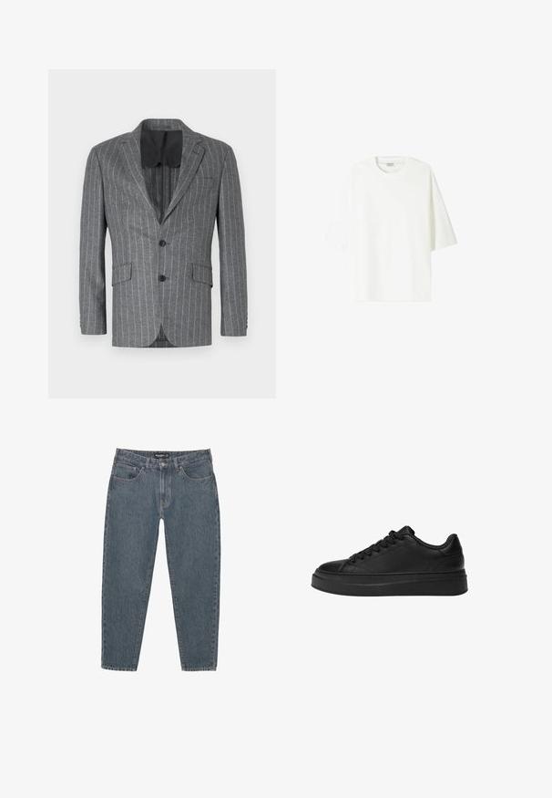 Sivi blazeri s prugicama, s jednim crnim dugmetom, dva prednja džepa i crnim unutarnjim oblogom, predstavljajući rever s izrezom i kroj prilagođen figuri.; Bijela majica kratkih rukava od pamuka, s okruglim izrezom i ležernim krojem te ravnim rubom.; Tamno plave traperice s opuštenim krojem, dizajnom od pet džepova, kopčanjem na dugme i lagano oštrim rubom. Izdržljiv materijal s suptilnom teksturom.; Crne tenisice od glatke kože, s okruglim vrhom, debelim platformom i klasičnim vezanjem s šest rupica.