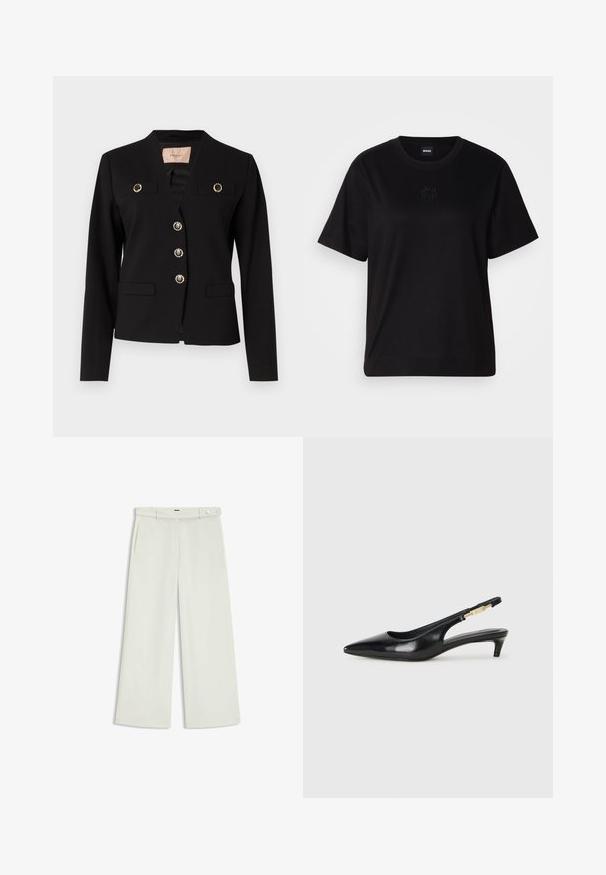 Mustapuku, jossa on V-pääntie, kultaiset korostusnapit, kaksi etutaskua ja muotoillut olkapäät. Valmistettu sileästä kankaasta.; Musta puuvillapaita, jossa on pyöreä kaula-aukko, lyhyet hihat ja brodeerattu logo rinnassa. Yksinkertainen, rento istuvuus ilman kuvioita.; Housut leveillä lahkeilla vaalean kermaisessa kankaassa, jossa on sivutaskut, litteä etuosa ja yksi nappikiinnitys vyötäröllä. Silkkinen pinta.; Mustat nahkaiset slingback-korkokengät, joissa on terävä kärki, ohuet korot ja kultasävytteinen yksityiskohta säädettävässä hihnassa. Silkkinen pinta.