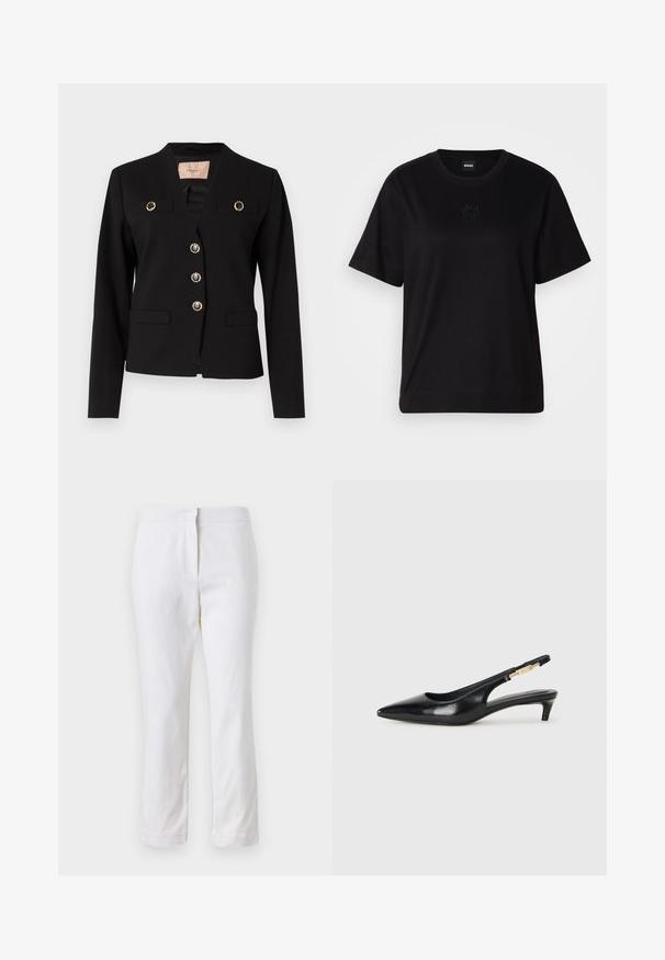 Fekete blézer V nyakkivágással, arany díszítésű gombokkal, két elülső zsebbel és strukturált vállakkal. Simaság szövetből készült.; Fekete pamut póló kerek nyakkivágással, rövid ujjakkal és hímzett logóval a mellkasán. Egyszerű, laza szabás, minta nélkül.; Fehér pamut nadrág egyenes lábformával, közepes derékkal, látható fémrészek vagy minták nélkül. Sima textúra az egész anyagon.; Fekete bőr slingback magassarkúk, hegyes orral, vékony sarkakkal és arany színű részlettel a állítható pánton. Simа felület.