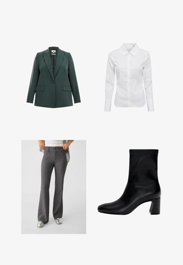 Mörkgrön kavaj med skräddarsydd design, enkel knappstängning, spetsiga slag och två framfickor. Slät tyger.; Vit långärmad skjorta med klassisk krage, knappstängning framtill och slätt bomullstyg. Minimalistisk design, utan mönster eller dekorationer.; Grå utställda byxor i texturerat tyg, med dubbelknappslås och bälteshällor, i kombination med blanka silversneakers.; Svart ankelsko i slät läder. Har en fyrkantig tå, elastisk överdel och en kraftig klack för stabilitet. Minimalistisk design.
