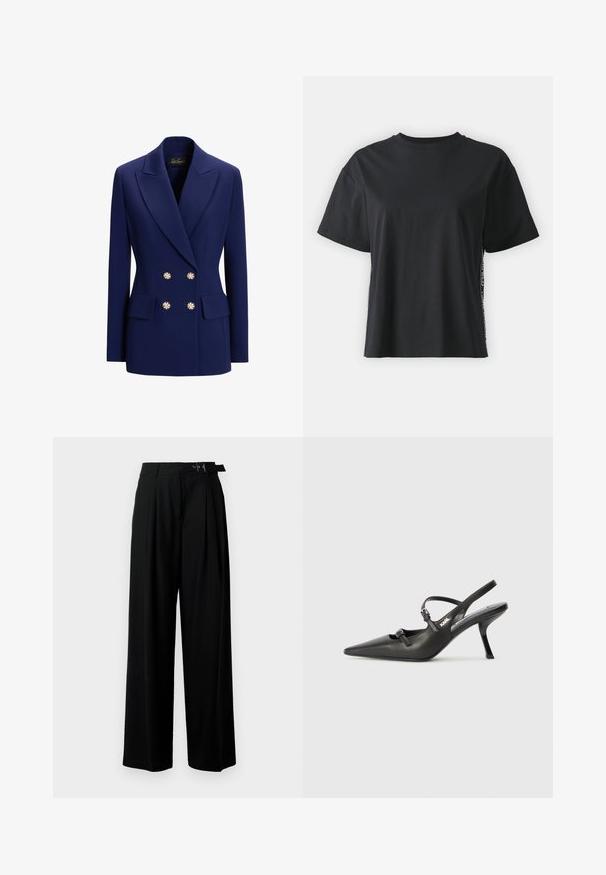 Luisa Spagnoli SINCRONIA - Žakete - blu violaceo; Melna īsām piedurknēm kokvilnas t-kreklu ar brīvu piegriezumu un kontrastējošu sānu paneli, kas satur nelielu tekstu un dizaina detaļas.; Melni plaši bikses ar augsto jostasvītru, priekšā ar krokojiem un jostu ar sprādzi. Izgatavotas no gludas, vieglas auduma.; Melnas ādas slingback papēži ar norādītu purngalu, izsmalcinātu papēdi un dekoratīvu sprādzi uz priekšpuses. Gluda tekstūra un elegants dizains.