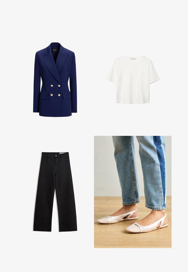 Luisa Spagnoli SINCRONIA błękit królewski melanż; Biała koszulka z krótkim rękawem, wykonana z bawełny. Posiada okrągły dekolt i luźny krój. Gładka faktura bez widocznych wzorów czy akcentów.; Czarne dżinsowe spodnie o szerokich nogawkach i wysokim stanie, z przednimi i tylnymi kieszeniami, przeszyciami oraz zapięciem na guziki. Gładka struktura.; Jasnoróżowe baleriny na odkrytej pięcie z wąskim noskiem, wykonane z gładkiego materiału imitującego skórę. Posiadają wycięcia po bokach oraz płaski obcas.