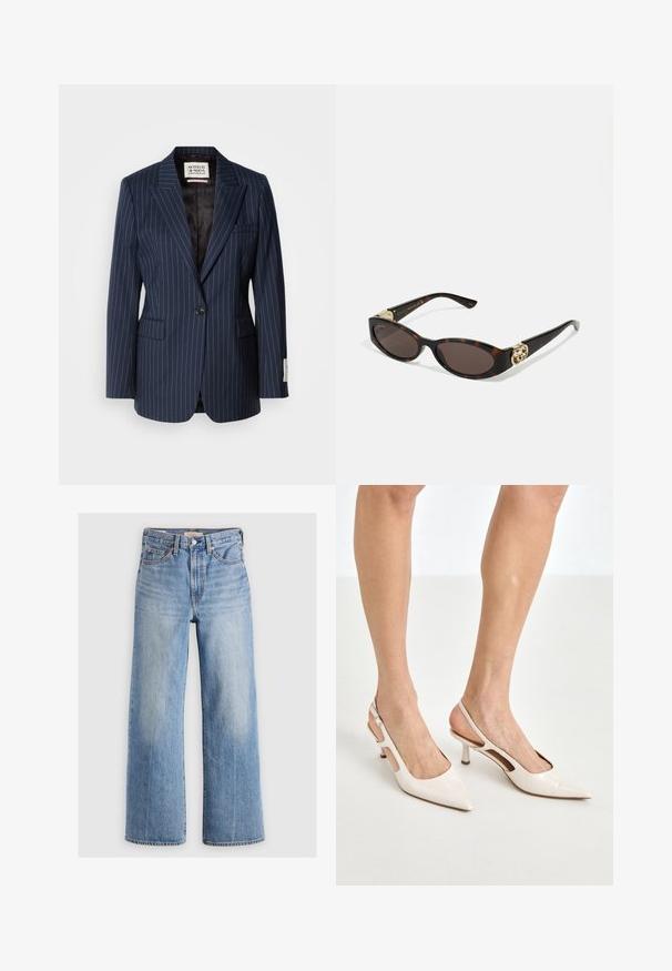 Navy modrý pruhovaný blazer vyrobený z tkané látky, s jedním knoflíkem, klopovými límci a dvěma předními kapsami. Podšívka z černého textilu.; Modrá pruhovaná košile na knoflíky s límečkem, dlouhými rukávy a zakřiveným lemem. Tkanina se zdá být hladká a lehká. Zapínání na knoflíky vpředu.; Světle modré džínové široké nohavice s vysokým pasem, vybledlými oblastmi, pěti kapsami a kontrastním prošitím. Klasické zapínání na knoflík a zip.; Béžové lakované lodičky na podpatku s špičatou špičkou a 5 cm podpatkem, se vykrojenými boky a tenkým kotníkovým páskem.; Brýle sluneční s kočičím vzorem, prodloužené oválné čočky, hnědý odstín, zlaté logo na spáncích a elegantní černé nožičky.