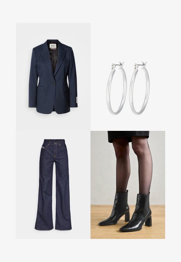 Navy modrý pruhovaný blazer vyrobený z tkané látky, s jedním knoflíkem, klopovými límci a dvěma předními kapsami. Podšívka z černého textilu.; Námořnický rolák s dlouhým rukávem. Vyrobeno z měkkého materiálu s hladkou texturou. Má přiléhavý střih a vysoký límec bez viditelných švů.; Tmavě modré džíny s širokým střihem vyrobené z denimové tkaniny, s vysokým pasem, oranžovým prošíváním, pěti kapsami a zapínáním na knoflík.; Černé kožené kotníkové boty s špičatou špičkou, robustním čtvercovým podpatkem a elegantním designem. Obsahují elastické boční panely pro snadné obouvání.; Stříbrné kruhové náušnice s hladkým, lesklým povrchem. Kulatý tvar a bezpečné zapínání na klip. Lehký design vhodný pro každodenní nošení.