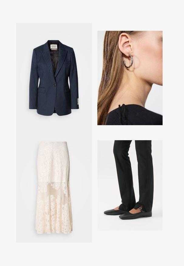 Marineblå blazer med nålestribe lavet af vævet stof, med en enkelt knaplukning, klipslag og to forlommer. Foret med sort tekstil.; Sort tanktop lavet af blødt, strækbart materiale. Har en rund halsudskæring og brede stropper, med en tætsiddende silhuet og glat tekstur.; Blomsterdenim midi-skirt i crème; har et lagdelt design med gennemsigtige sektioner, struktureret blonder og en udfladning. ; Sorte læder balletflade sko med spids tå, rem med sølvspænde, parret med sorte skræddersyede bukser med slids i bunden.; Sølv hoop ørestik med en poleret overflade, prydet med små guld accenter og en rund form, båret på øreflippen.