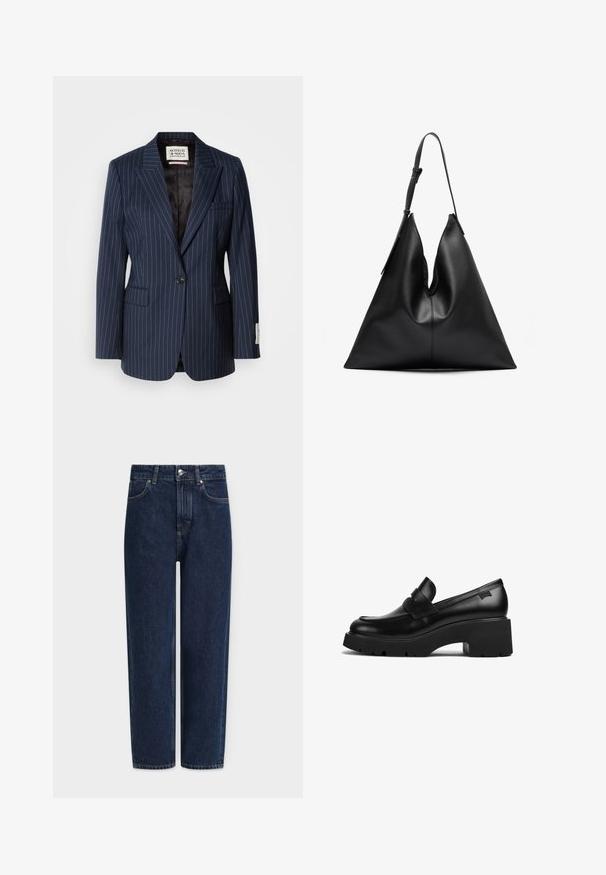 Marineblå blazer med nålestribe lavet af vævet stof, med en enkelt knaplukning, klipslag og to forlommer. Foret med sort tekstil.; Langærmet ribbet top i lys ferskenfarve med rund halsudskæring og en tætsiddende silhuet, lavet af blødt, strækbart stof.; Mørkeblå denimjeans med lige ben, høj talje, sølvfarvede detaljer, forlommer og subtile syningsdetaljer. Klassisk design med fem lommer.; Sorte læder loafers med chunky hæl, tyk sål og en remdetalje henover, vist fra siden på en hvid baggrund.; Sort læder trekantet håndtaske med en enkelt justerbar skulderrem og en blød, let slappet struktur.