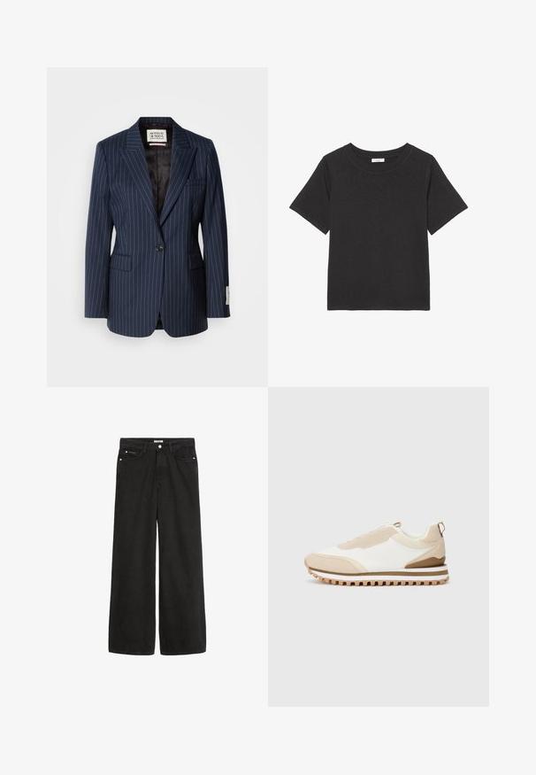 Blazer a rayas navy hecho de tejido entrelazado con un cierre de botón único, solapas de muesca y dos bolsillos frontales. Forrado con textil negro.; Camiseta negra hecha de una tela suave, con cuello redondo y mangas cortas. El diseño es simple, sin patrones ni acentos visibles.; Jeans de mezclilla negra de pierna ancha con una cintura alta. Cuenta con cinco bolsillos, herrajes metálicos y un acabado limpio. La textura es suave y lisa.; Zapatilla baja beige y blanca con suela texturizada y tira en el talón, mostrada sobre un fondo claro liso, vista lateral.