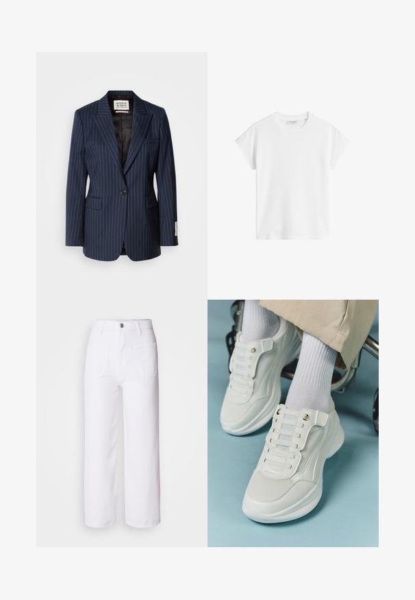 Blazer a righe navy realizzato in tessuto intrecciato, con chiusura a un bottone, rever a dente e due tasche frontali. Foderato in tessuto nero.; T-shirt bianco a maniche corte in cotone. Presenta una vestibilità morbida con scollatura rotonda e spalle leggermente cadenti. Senza fantasie o dettagli.; Pantaloni wide-leg in denim bianco con chiusura a bottone, passanti per cintura, due tasche anteriori e una tasca posteriore. Tessuto resistente e dalla texture particolare.; Sneaker bianchi realizzati in materiale a rete, suola in gomma, design senza lacci con bande elastiche e dettagli in tonalità oro.