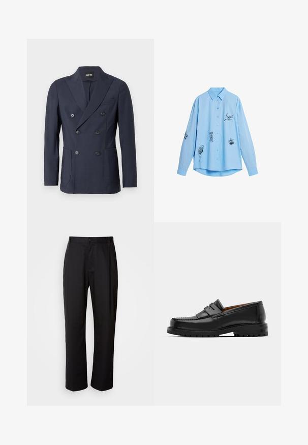 Tamsiai mėlynas dvieilis švarkas, pagamintas iš lygaus audinio. Turi pjaustytus atlapus, dvi priekines kišenes ir šešis juodus užsegimo mygtukus.; Šviesiai mėlynas medvilninis marškinėlių ilgomis rankovėmis, priekyje ir rankovėse su juodais siuviniais gyvūnų motyvais. Turi užsegamą apykaklę.; Juodos tiesios kelnės, pagamintos iš lengvos medžiagos. Su priekiniais mygtukų užtrauktukais ir dviem šoninėmis kišenėmis; lygi tekstūra.; Juodi odiniai loafersai pasižymi pakelta siūle, dviem dekoratyviais dirželiais ant viršaus ir storu tekstūruotu padu, kad būtų užtikrintas didesnis sukibimas.