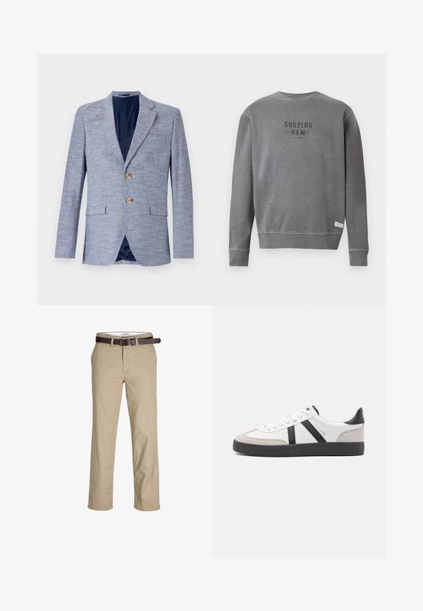 Šviesiai mėlynas švarkas, pagamintas iš tekstūruoto audinio, su dviejų mygtukų uždarymu, notch tipo apykaklėmis ir mėlynu pamušalu, su priekinėmis kišenėmis.; Pilkas ilgomis rankovėmis kreminis megztinis su juoda „SURPLUS DNM“ užrašu ant krūtinės ir maža balta etikete arti apačios.; Šviesiai rudos medvilnės kelnės su tiesia kirpimo, su diržo kilpomis, rudu odiniu diržu ir klasikiniu dizainu. Lygus, tvirtas audinys.; Balti sportbačiai su juodais ir pilkais akcentais, pasižymintys tekstūruotu pilku pirštų dangteliu, juoda gumine padais ir plokščiomis baltomis raišteliais. Švarus dizainas, minimalistinis stilius.