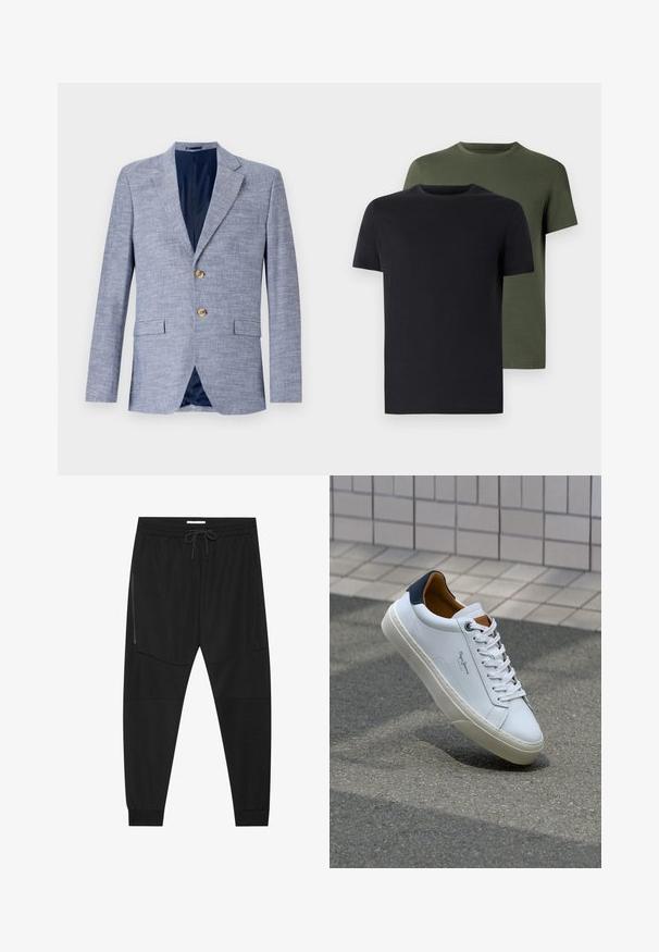 Jasnoniebieski żakiet z teksturowanej tkaniny, z dwoma guzikami, klapami o notch i niebieską podszewką, posiadający kieszenie z przodu.; Dwa t-shirty z okrągłym dekoltem w czarnym i oliwkowym kolorze, wykonane z miękkiej bawełny. Design jest prosty, posiada krótkie rękawy i prosty krój.; Czarne spodenki sportowe z teksturowanej tkaniny, z regulowanym paskiem w talii, zasuwaną kieszenią boczną oraz zwężanymi mankietami.; Białe skórzane trampki z granatowym piętkiem, okrągłym noskiem i kontrastowymi brązowymi akcentami. Posiadają płaskie sznurówki i teksturowaną gumową podeszwę.