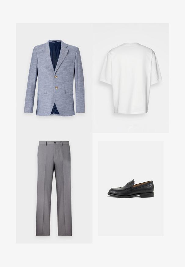Jasnoniebieski żakiet z teksturowanej tkaniny, z dwoma guzikami, klapami o notch i niebieską podszewką, posiadający kieszenie z przodu.; Biały, krótki rękaw, t-shirt z okrągłym dekoltem, wykonany z bawełny. Prosty design, bez wzorów i dodatków, widziany od tyłu.; Szare dopasowane spodnie z płaskim przodem, dwoma bocznymi kieszeniami i pojedynczym zapięciem na guzik. Gładka faktura z delikatnym wzorem w prążek.; Czarne skórzane mokasyny o gładkim wykończeniu, zaokrąglonym nosku i dekoracyjnym przeszyciu na cholewce. Niski, warstwowy obcas i delikatny połysk.