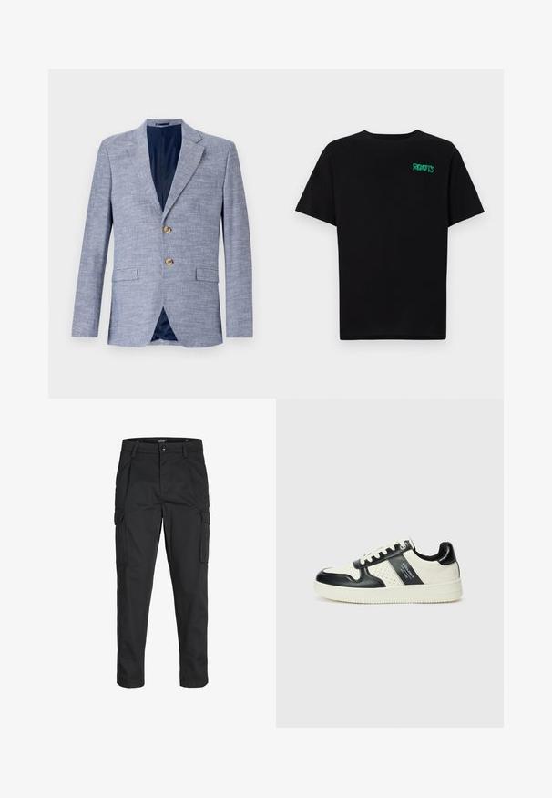 Hele sinine bleiser tekstuuriga kangast, millel on kahe nupuga sulgemine, nurga lapelid ja sinine vooder koos esikottidega.; Must t-särk, mis on valmistatud puuvillast, lühikeste varrukatega. Esipaneelil on roheline "ROOTS" logo, ümmargune kaelus ja tavapärane lõige.; Mustad mustapõlvik, mis on valmistatud tugeva koe kasutades, sisaldab mitmeid taskuid, nupule kinnitatav sulgemine ja kitsenev disain.; Nahatud nahkkingad musta ja kreemi värviskeemiga, millel on perforeeritud aktsendid, pehme krae ja tekstureeritud tallad.