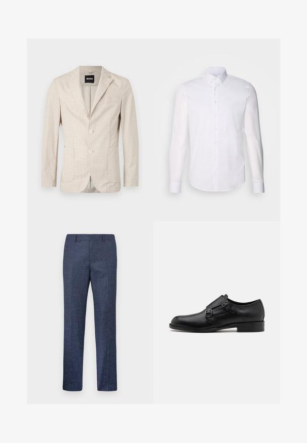 Vaalea beige bleiseri, jossa on teksturoitu kangas, notch-lapelsit, kaksi etutaskua ja kaksi nappia. Sisäpuolella on kontrastiväri.; Valkoinen pitkähihaista napitettava paita, joka on valmistettu puuvillasta. Paitassa on klassinen kaulus, etunapit ja vähäinen ompelu yksityiskohtana.; Tummansiniset housut, jotka on valmistettu teksturoidusta kankaasta, suorilla lahkeilla, tasaisella edessä ja kahdella sivutaskulla. Ei näkyviä kuvioita tai korostuksia.; Musta nahkakengät, joissa on kaksinkertaiset soljet, tyylikäs siluetti ja pyöreä kärki. Ominaisuuksiin kuuluu matala korko ja sileä pinta.