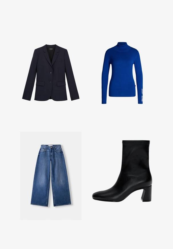 Marineblauwe op maat gemaakte blazer met twee knopen, notch revers en drie zakken. Gemaakt van een gladde stof met een gestructureerde pasvorm en minimale details.; Blauwe coltrui van zacht, rekbaar materiaal. Beschikt over lange mouwen en de tekst "JOOP! JEANS" in het wit gedrukt op de rechtermouw.; Bershka WIDE-LEG - Wide leg - dark blue; Zwarte enkellaars van soepel leer. Heeft een vierkante neus, een elastische bovenkant en een chunky hak voor stabiliteit. Minimalistisch ontwerp.