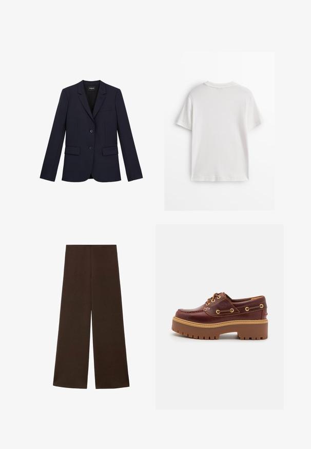 Marineblauwe op maat gemaakte blazer met twee knopen, notch revers en drie zakken. Gemaakt van een gladde stof met een gestructureerde pasvorm en minimale details.; Wit katoenen T-shirt met korte mouwen, een ronde hals en een gladde textuur. De achterkant is effen zonder extra patronen of ontwerpen.; Wijdvallende broek gemaakt van een gladde, donkerbruine stof. Kenmerkt zich door een hoge tailleband en een minimalistisch ontwerp zonder versieringen.; Bruine leren botenschoenen met een stevige bruine rubberen zool, gouden ogen en contraststiksels. Heeft een logo aan de zijkant.