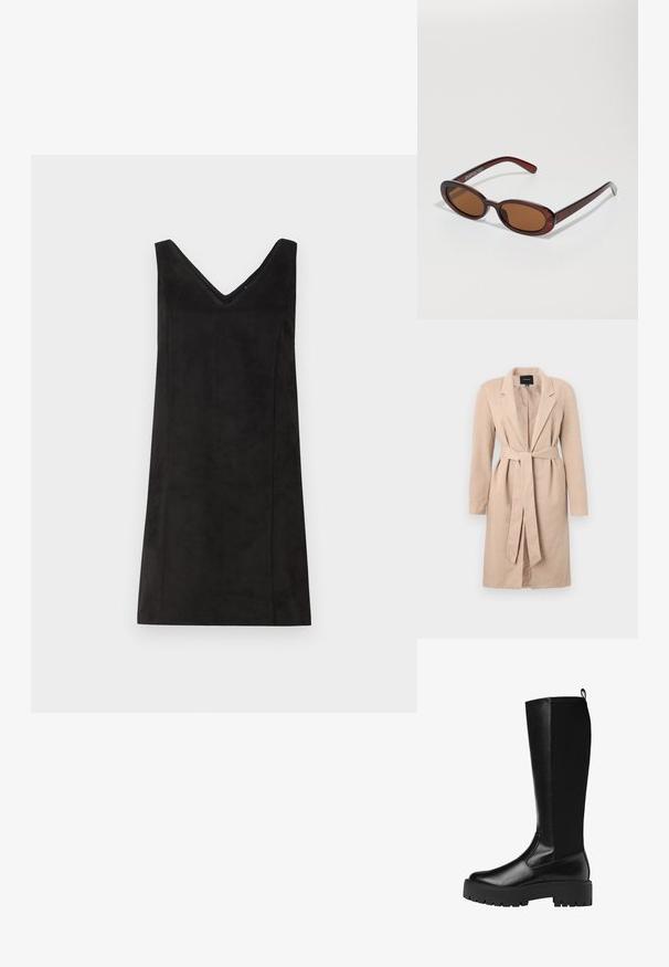 Beżowy długi płaszcz o wplecionym wzorze, z wyłogami, paskiem w talii i długimi rękawami, z centralnym zapięciem i jednolitą konstrukcją.; Czarna sukienka bez rękawów z dekoltem w kształcie litery V, wykonana z miękkiego materiału, o prostym kroju i minimalnych detalach. Gładka tekstura.; Długi rękaw w kremowym kolorze, z delikatnym marszczeniem po bokach i klasycznym kołnierzykiem. Gładka tekstura, prosty design.; Czarne syntetyczne buty sięgające do kolan o gładkim, teksturowanym wykończeniu i grubym gumowym spodzie. Zawierają pętlę z tyłu dla łatwego zakładania.; Okrągłe, brązowe okulary przeciwsłoneczne z błyszczącą bordową oprawą. Cienkie ramiona z subtelnym detalem marki. Płaski kształt soczewek.