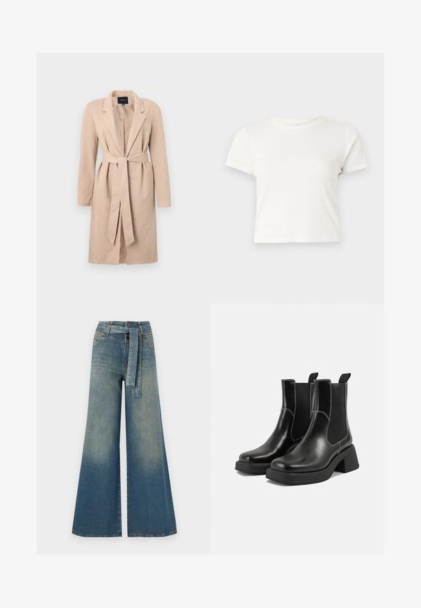 Beige pikend mantel kootud tekstuuriga, klapiga krae, vöökoht ja pikad varrukad, keskne avaus ja ühtlane disain.; Lühike valge T-särk, mis on valmistatud puuvillast, lühikeste varrukatega, ümmarguse kaelusega ja sirge lõikega, omades sileda tekstuuri ja minimaalset disaini.; Laiad denimpüksid, millel on hele tume sinine gradiendiefekt, kõrge vöökoht, vöökumlid ja sobivast kangast vöö. Struktureeritud denimi viimistlus.; Must musta Chelsea saapad, millel on paks konts, elastsed külgpaneelid ja kontrastne valge õmblus. Tekstuuriga viimistlus.