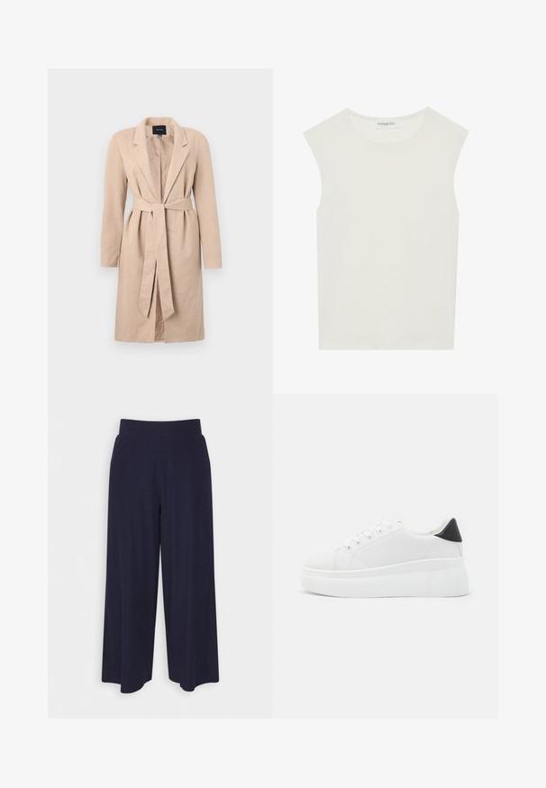 Beige pikend mantel kootud tekstuuriga, klapiga krae, vöökoht ja pikad varrukad, keskne avaus ja ühtlane disain.; Valge ilma varrukateta topp ümmarguse kaelusega. Valmistatud siledast kangast, sellel on mugav lõige ja minimalistlik disain. Ei ole mustreid ega aksessuaare.; Tumed põlvpüksid tumedast meresinisest kangast, millel on sooneline tekstuur. Omab sujuvat vööd ja voolavat siluetti, ulatudes pooleni säärest.; Valged platvormsneakerid, mis on valmistatud siledast sünteetilisest materjalist, ovaalse toe, paelkinnise disaini ja tekstuurse kummitaldiga. Must kontsrihm.