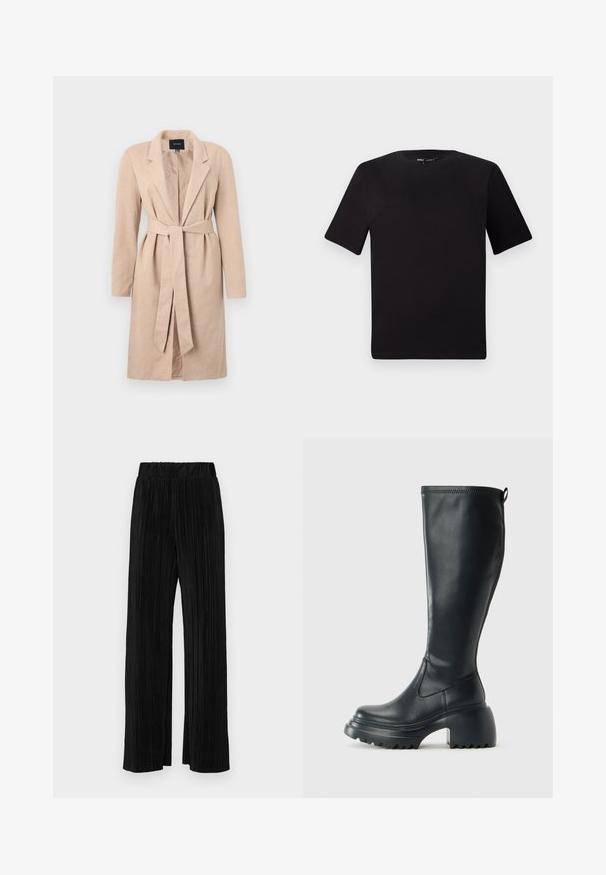 Beige long coat with a woven texture, notched lapels, belted waist, and long sleeves, featuring a central opening and solid design.; Black short-sleeve t-shirt with a round neckline, crafted from soft cotton fabric. Simple design, no visible logos or patterns.; Black pleated trousers with an elastic waistband. Features wide legs and a smooth, textured fabric with vertical stripes.; Tall black leather boot with chunky platform sole and block heel, featuring pull tab and textured tread on outsole.