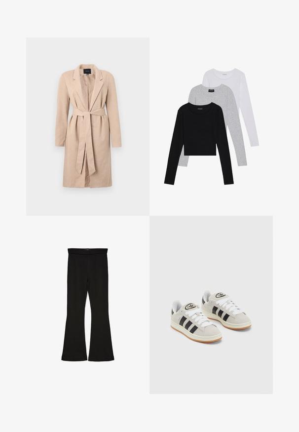 Bežas ilgs mētelis ar austu tekstūru, nogriezti uzpleči, josta apkaklē, ilgi piedurknes, centrāla atvere un vienkāršs dizains.; Trīs garām piedurknēm veidotas augšdaļas, sakrautās: melna, pelēka un balta. Katram ir noapaļots kakla izgriezums un īsa dizaina forma ar gludu, vieglu audumu.; Melnas flared leggings, kas izgatavotas no stiepjama auduma. Iezīmējas ar platu jostasvietu un gludu tekstūru, ar pieguļošu siluetu, kas paplašinās pie apakšmalas.; Pelēkas zamšādas kedas ar baltām saites, melnām svītrām un baltu gumijas zoli. Raksturīga apļa logo uz mēles un gumijas zole.