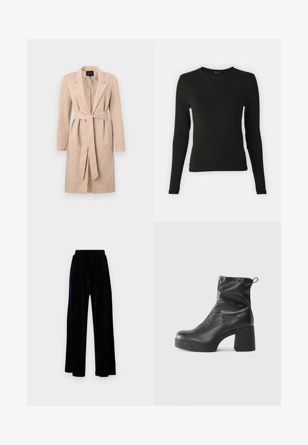 Casaco longo bege com uma textura trançada, lapelas dentadas, cintura cinputada e mangas longas, apresentando uma abertura central e design sólido.; Camisa preta de mangas longas feita de um tecido suave, com decote redondo e forma ajustada, sem padrões ou detalhes visíveis.; Calças largas pretas feitas de veludo suave, com um cós elástico e uma textura lisa, sem detalhes ou padrões visíveis.; Botas de tornozelo pretas feitas de couro liso, com fecho lateral, salto grosso texturizado e design de bico arredondado.