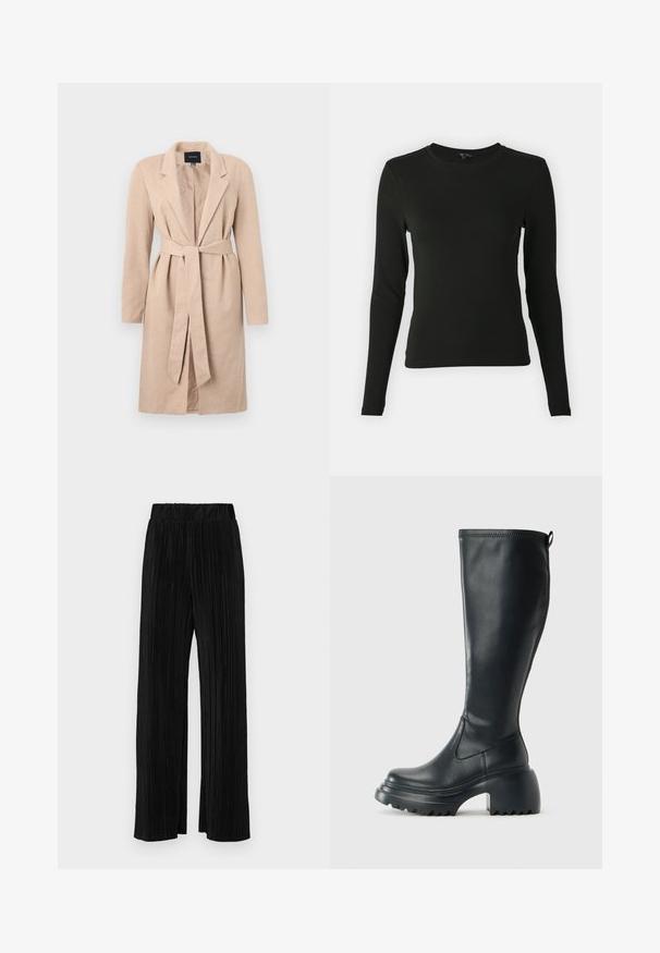 palton lung bej cu o textură țesută, cu rever fasonat, talie cu curea și mâneci lungi, având o deschidere centrală și un design solid.; Cămașă neagră cu mânecă lungă, realizată dintr-un material neted, având un guler rotund și o croială ajustată, fără modele sau accente vizibile.; Pantaloni negri plisati cu talie elastică. Prezintă picioare largi și un material neted, texturat, cu dungi verticale.; Cizme lungi din piele neagră cu talpă platformă masivă și tocul pătrat, având un tab de tragere și un model texturat pe talpa exterioară.