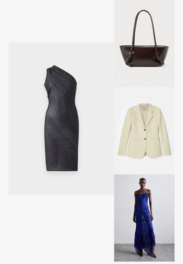 Svijetlozeleni sako, jednostruki kroj s rever kragnom, dva prednja džepa i dva dugmeta za zakopčavanje. Glatka tekstura, potpuno podstava.; Asimetrična crna haljina s jednim ramenom, drapirani teksturirani materijal, do koljena, uski kroj i zatvaranje s patentnim zatvaračem na leđima.; Maksiduga haljina s uzorkom životinja u plavim i ljubičastim tonovima, s tankim naramenicama, uskim korzetom, lepršavim rubom i prozirnim detaljima na preklop.; Tamnosmeđa kožna torba s dva čvorom vezana ramena i tijelom u obliku trapeza.