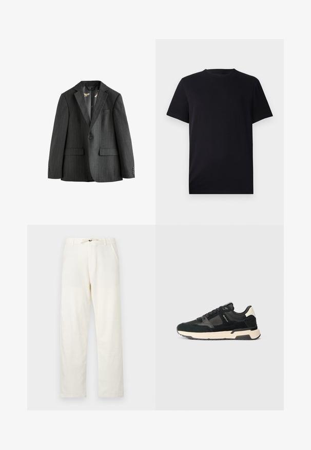Dunkelgrauer Blazer mit Nadelstreifen, einreihig mit Reverskragen, aufgesetzten Taschen und gemustertem Futter. Mit knöpfbaren Manschetten.; Schwarzes Kurzarm-T-Shirt aus glattem Baumwollstoff, mit Rundhalsausschnitt und klassischer Passform, ohne Muster oder sichtbare Hardware.; Hellbeige Leinenhose mit geradem Schnitt, verstellbarem Kordelzugbund und zwei Seitentaschen. Glatte Textur und minimalistisches Design.; Schwarze Sneaker aus Wildleder und Mesh-Materialien, mit einer cremefarbenen Zwischensohle und schwarzem Außensohle. Enthält Schnürsenkel und Logodetails an der Seite.