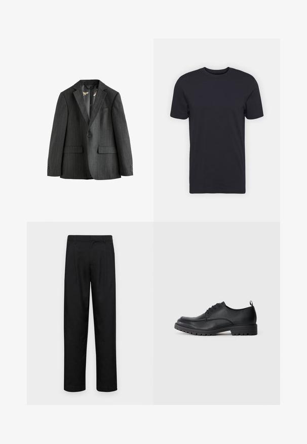 Dark gray pinstriped blazer, single-breasted with notch lapels, flap pockets, and a patterned inner lining. Features buttoned cuffs.; Black cotton t-shirt, short sleeves, crew neckline, solid color, lightweight fabric, smooth texture, no visible patterns or graphics.; Black trousers made of smooth fabric, featuring a straight-leg design, two front pleats, and standard waistband with belt loops.; Black leather dress shoe with a smooth texture, rounded toe, lace-up front, and sturdy rubber sole featuring a treaded pattern.