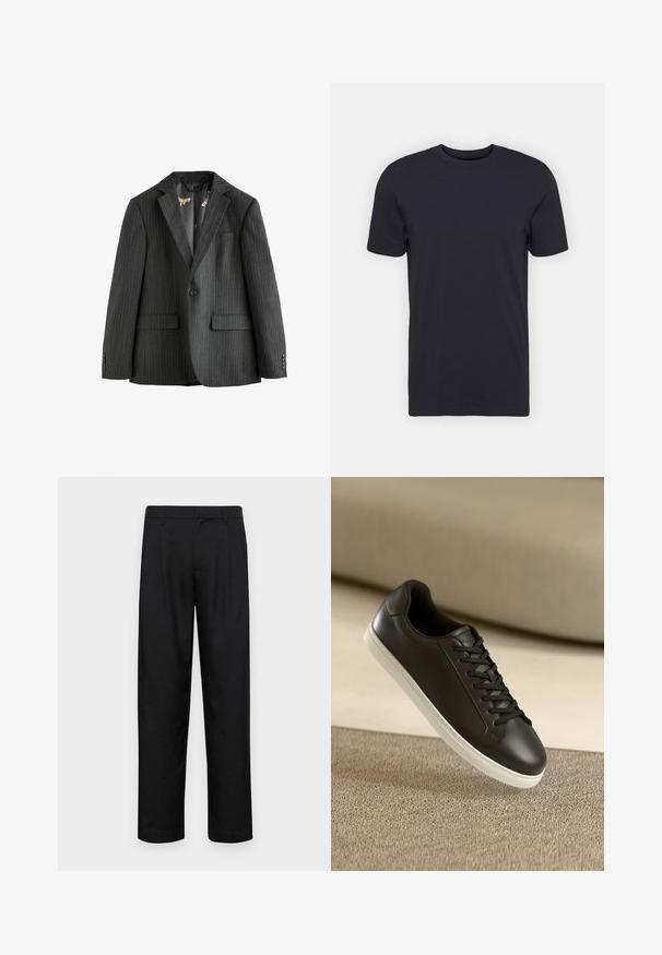 Ciemnoszary żakiet w prążki, jednozapięciowy z klapami, kieszeniami z klapką oraz wzorzystą podszewką. Posiada mankiety na guziki.; Czarna bawełniana koszulka, krótkie rękawy, okrągły dekolt, jednolity kolor, lekki materiał, gładka faktura, bez widocznych wzorów ani grafik.; Czarne spodnie wykonane z gładkiego materiału, z prostą nogawką, dwoma fałdami z przodu oraz standardowym paskiem z wypustkami na pasek.; Czarne skórzane sneakersy z białą gumową podeszwą i czarnymi sznurowadłami, umieszczone na beżowej tkaninie w tle.