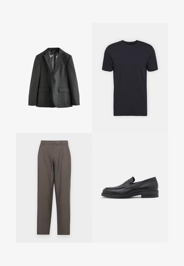 Tamno sivi blejzer s prugicama, jednoredni s reverima, dzepovima s preklopom i uzorkovanom unutrašnjom podlogom. Ima rukave s dugmadi.; Crna pamučna majica, kratki rukavi, okrugli izrez, jednobojna, lagani materijal, glatka tekstura, bez vidljivih uzoraka ili grafika.; Jack & Jones JPSTBILL JJDAYTONA WIDE - Hlače - pavement; Crne kožne mokasine s zaobljenim vrhom, šavnim detaljima i niskim, debelim potplatom. Imaju glatku teksturu i minimalistički dizajn.