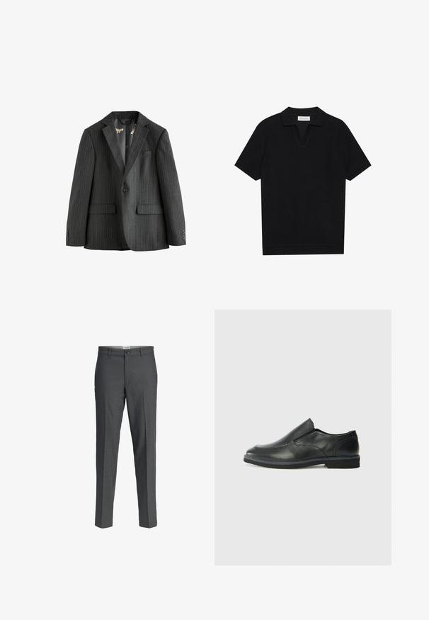 Blazer grigio scuro a righe, con un solo bottone, colletto a revers, tasche a patta e fodera interna a motivo. Caratterizzato da polsini con bottoni.; Polo shirt nera a maniche corte in tessuto texturizzato a coste, con scollo a V e orlo dritto. Nessun logo o motivo visibile.; Pantaloni eleganti grigi con un design a gamba dritta, realizzati in un tessuto morbido. Presentano una chiusura con bottone e due tasche frontali.; Scarpa nera in pelle con inserto scivolare, superiore liscio, dettagli cuciti, punta arrotondata e tacco in gomma basso. La suola presenta un battistrada minimale.