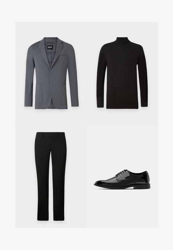 Szürke blézer sima anyagból, kihajtott gallérral, két elülső zsebbel, egy mellzsebbel és két gombbal. Egyszerű, letisztult dizájn.; Fekete garbós pulóver puha kötött anyagból. Hosszú ujjakkal és testhez álló fazonnal rendelkezik, bordázott gallérral és aljjal. Minimális márkázás.; Fekete nadrág, amely testre szabott fazonú, sima textúrával és egyenes lábformával rendelkezik. A derékrészén övhurkok találhatóak, és letisztult kidolgozású.; Fekete lakkbőr félcipő lekerekített orral, fűzős kialakítással és sima, fényes felülettel. Alacsony profilmagasságú gumitalppal rendelkezik.