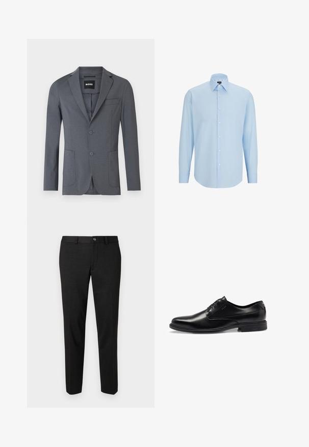 Pilkas švarkas, pagamintas iš lygios medžiagos, su iškirpte, dviem priekinėmis kišenėmis, krūtinės kišene ir dviem mygtukais. Paprastas, švarus dizainas.; Šviesiai mėlynas ilgomis rankovėmis marškiniai pagaminti iš lygaus audinio, su mygtukų užsegimu priekyje, smailiu apykaklės dizainu ir įprastu žiūrėjimu.; Juodos kelnės, pagamintos iš lygaus audinio. Jos turi tiesų siluetą, plokščią priekinę dalį ir užsegimą su mygtuku bei paprastą liemens dizainą.; Juodas odinis suknių batelis su lygia apdaila, raištelių dizainu, apvaliu nosiu ir subtiliais siuvinėjimo detalėmis. Turi juodą gumos padą.