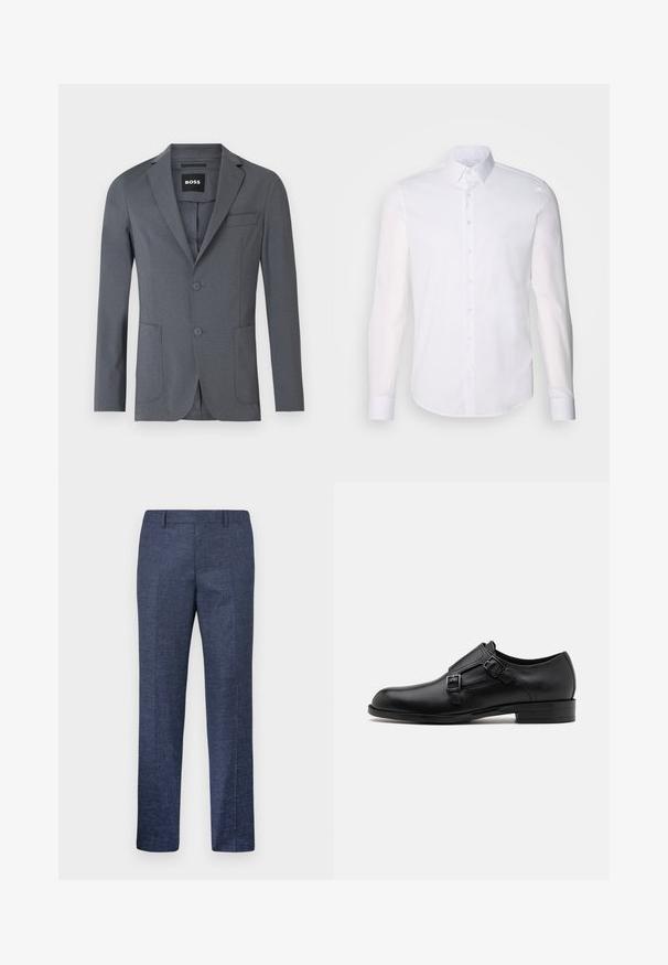 Grijze blazer van gladde stof, met een notch lapel, twee voorzakken, een borstzak en twee knopen. Eenvoudig, strak ontwerp.; Witte lange mouwen overhemd met knopen, gemaakt van katoen, voorzien van een klassieke kraag, voorkant met knopen en minimale stikdetails.; Navyblauwe broek van een gestructureerde stof, met rechte pijpen, een vlakke voorkant en twee zijzakken. Geen zichtbare patronen of accenten.; Zwarte leren dresschoen met dubbele gespen, slank silhouet en ronde neus. Kenmerkt zich door een lage hak en een gladde textuur.