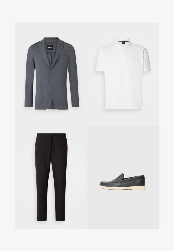 Hall ehk sissekõverdatud kraega hall bleiser, valmistatud siledast kangast, millel on kaks eesmist taskut, rinnaeest tasku ja kaks nuppu. Lihtne ja puhas disain.; Valge polo särk, mis on valmistatud puuvilla ja polüestri segust, omades kraed, kaht nuppu pliiatsis ning peent tikandit rinnal.; Mustad jogger-püksid, mis on valmistatud siledast kangast. Omavad elastset pihaotsikut koos paelaga, kitsenevaid jalaosi ja nähtamatuid taskuid. Lihtne disain.; Must musta sussid mustast nahast, millel on tekstuuriga pind ja kontrastne beež kummitald. Ees on peen aktsent.