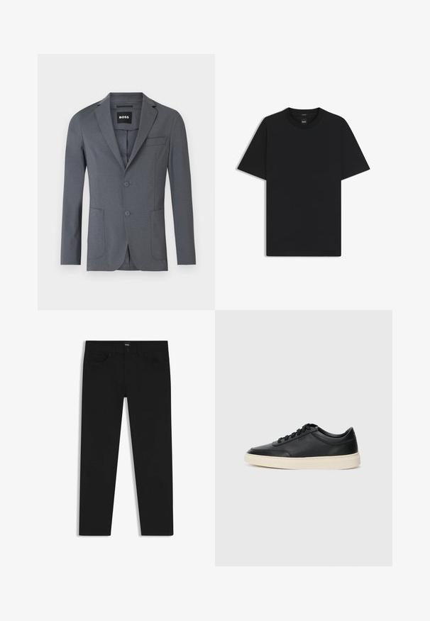 Grau blazer aus glattem Stoff, mit gekerbtem Revers, zwei vorderen Taschen, einer Brusttasche und zwei Knöpfen. Einfaches, sauberes Design.; Schwarz T-Shirt mit kurzen Ärmeln aus einem glatten Baumwollmix, mit Rundhalsausschnitt und einem minimalistischen Design ohne Muster oder Akzente.; Schwarze Denim-Hosen mit geradem Schnitt, ausgestattet mit einem Standardbund, fünf Taschen und einem Knopfverschluss. Angenehme, glatte Textur.; Schwarzer niedriger Ledersneaker mit schwarzen Schnürsenkeln und cremefarbenem Sohlenrand, seitlich auf weißem Hintergrund dargestellt.