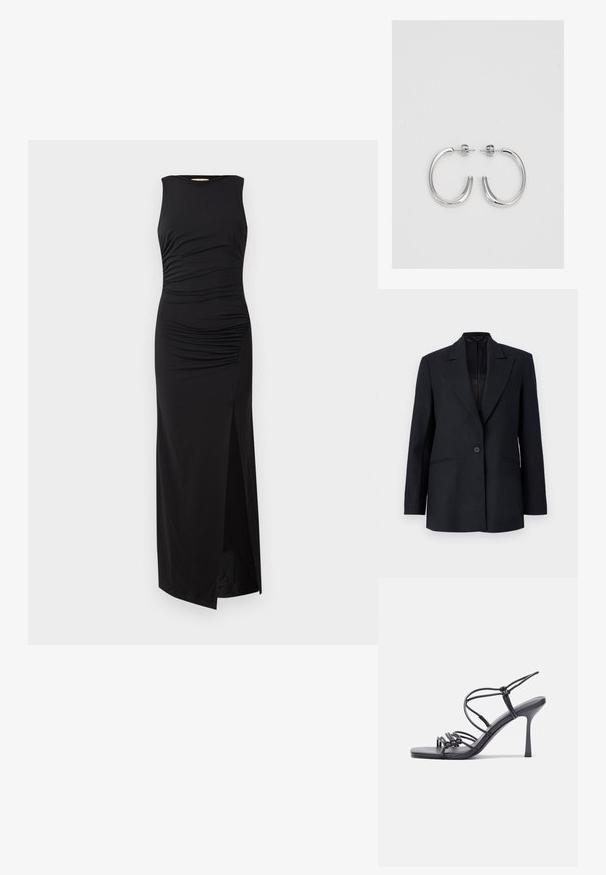 Mustapystylinen bleiseri, jossa on viisto kaulus, yksi nappisulku ja sivutaskut. Sisältää sileän sisävuorin ja muotoonommeltun istuvuuden.; Mustat ilman hihnoja maksimittaiset mekko, jossa on ryppydetaljointi vaatteessa ja reiden korkeudelle ulottuva halkio yhdellä puolella. Valmistettu sileästä ja joustavasta kankaasta.; Mustat korkokengät sandaalit, joissa on ohuet hihnat solmittuna, sileä neliön muotoinen varvasosa ja tyylikäs stiletto-korko.; Vaalea harmaa metallinen käsilaukku, jossa on ketjusanka. Laukku on koristeltu pienillä pyöreillä metallikoruilla ja kolmion muotoisella brändilogolla.; Hopeiset korvarenkaat, joissa on sileä ja kiiltävä pinta, kaareva muoto ja piikkikiinnitys. Minimalistinen muotoilu modernilla viimeistelyllä.