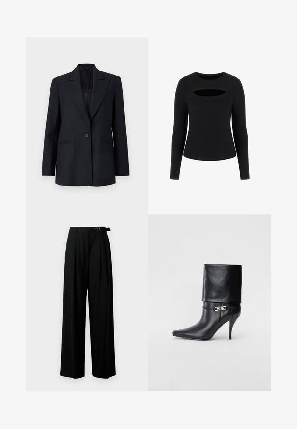 Fekete csíkos blézer, lekerekített gallérral, egy gombos záródással és oldalzsebekkel. Simára bélelt belső rész és testhez simuló szabás jellemzi.; Fekete, hosszú ujjú felső, bordás textúrával és egyedi kivágott részlettel a mellkason, kerek nyakkivágással és testhezálló szabással.; Fekete, bő szárú nadrág magas derékkal, elöl pliszírozva, és csattal ellátott övvel. Simább, könnyű anyagból készült.; Fekete bőr bokacsizma hegyes orral, magas stiletto sarokkal, hajtott szegéllyel és arany díszcsattal a bokán.