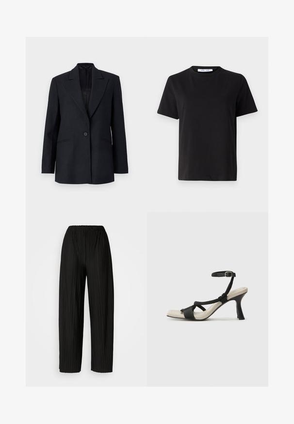 Mustapystylinen bleiseri, jossa on viisto kaulus, yksi nappisulku ja sivutaskut. Sisältää sileän sisävuorin ja muotoonommeltun istuvuuden.; Musta lyhythihainen t-paita, joka on valmistettu pehmeästä puuvillasta. Paitassa on pyöreä kaula-aukko, rento malli ja sileä pinta. Ei näkyviä kuvioita tai graafisia elementtejä.; Mustat leveälahkeiset housut, joissa on joustava vyötärö. Kankaassa on pystysuoria poimuja ja sileä pinta.; Mustat korkokengät, joissa on punottuolkaiminen design, neliömäinen kärki ja säädettävä nilkkahihna. Vaaleanbeige jalkapohja ja kiiltävä musta korko.