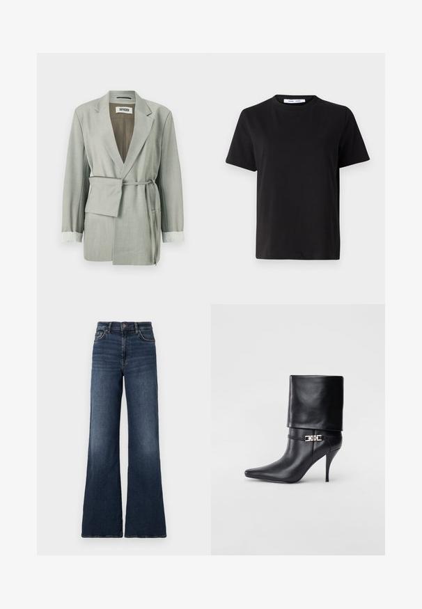 Világosszürke blézer laza szabással, övvel a deréknál, stóla gallérral és csíkos mandzsetta részletekkel. Simaságával és precíz éleivel kiemelkedő anyag.; Fekete, rövid ujjú póló, puha pamutból készült, kerek nyakkivágással, laza szabással és sima textúrával. Nincs látható minta vagy grafikák.; Széles szárú, sötétkék farmernadrág magas derékkal. Klasszikus ötpocket designnal rendelkezik, és finom kopások találhatók a combokon. Fém gombos záródás.; Fekete bőr bokacsizma hegyes orral, magas stiletto sarokkal, hajtott szegéllyel és arany díszcsattal a bokán.
