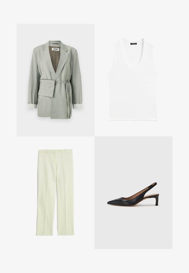 Lichtgrijze blazer met een ontspannen pasvorm, voorzien van een ceintuur in de taille, een sjaalkraag en gestreepte accenten op de manchetten. Gladde stof met op maat gemaakte randen.; Witte mouwloze tanktop met een ronde hals, gemaakt van ribbelstof; eenvoudig ontwerp zonder patronen of versieringen.; Crème-kleurige op maat gemaakte broek met een recht model, met een platte voorkant, riemlussen en een soepele textuur.; Zwarte leren slingback pump met een puntige neus, lage hak en een gladde textuur. Beschikt over een dunne verstelbare band voor een veilige pasvorm.