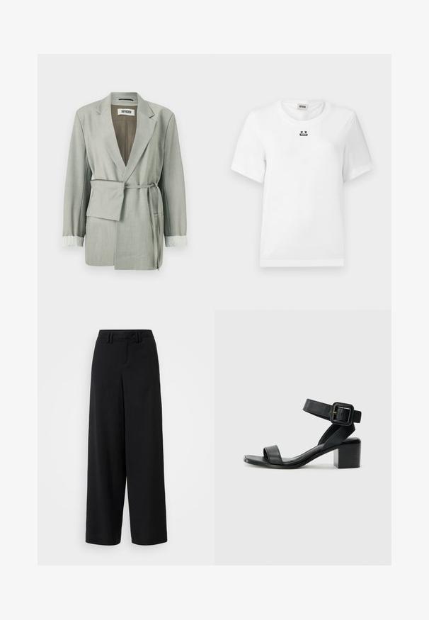 Světle šedý blazer s uvolněným střihem, s opaskem v pase, šálovým límcem a pruhovanými manžetami. Hladká tkanina s precizně sešitými okraji.; Bílý bavlněný tričko s krátkým rukávem, na hrudi má malý černý grafický design tváře se srdíčkovýma očima a rovnými ústy.; Černé kalhoty širokého střihu z hladkého materiálu, s plochým předním dílem, sklady a poutky na opasek v pase.; Černá kožená sandál s podpatkem, nastavitelným páskem kolem kotníku, otevřenou špičkou a čtveratým blokovým podpatkem. Hladká textura, minimalistický styl.